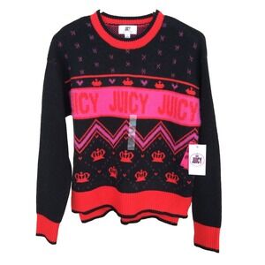 Juicy Couture Sweater Black Pink Logo Crown Pullover Size Small Artsy Bold NEW